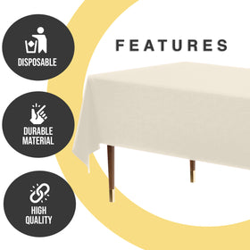 Exquisite ivory tablecloth provides elegant backdrop for dining and dessert stations