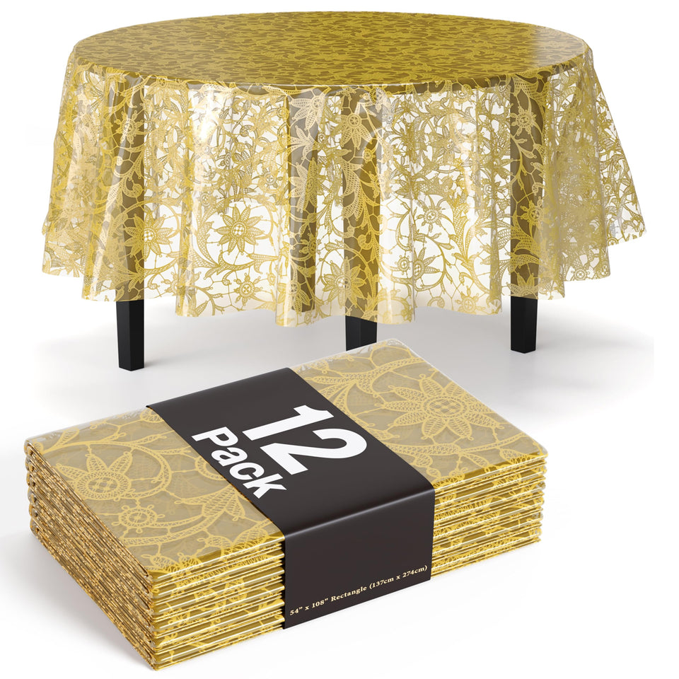 Exquisite lace round tablecloth 84 inches with clear gold floral pattern protects surfaces.
