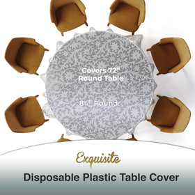 Exquisite lace table cloth with floral pattern adds elegance to any setting.