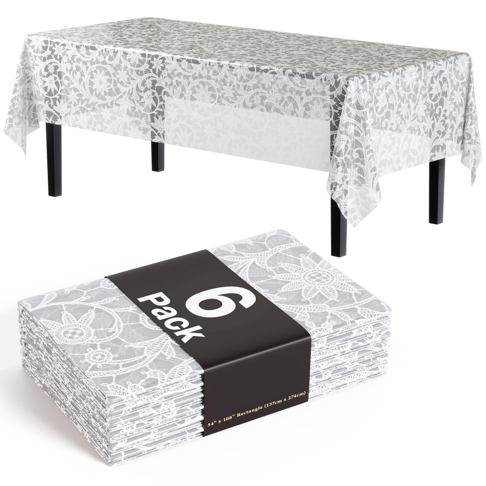 Exquisite Lace Table Cloth 54x108 in a 6-pack protecting tables with floral elegance.