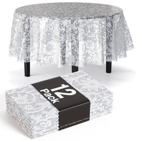Exquisite lace round 84-inch white floral tablecloth enhances centerpieces for gatherings.