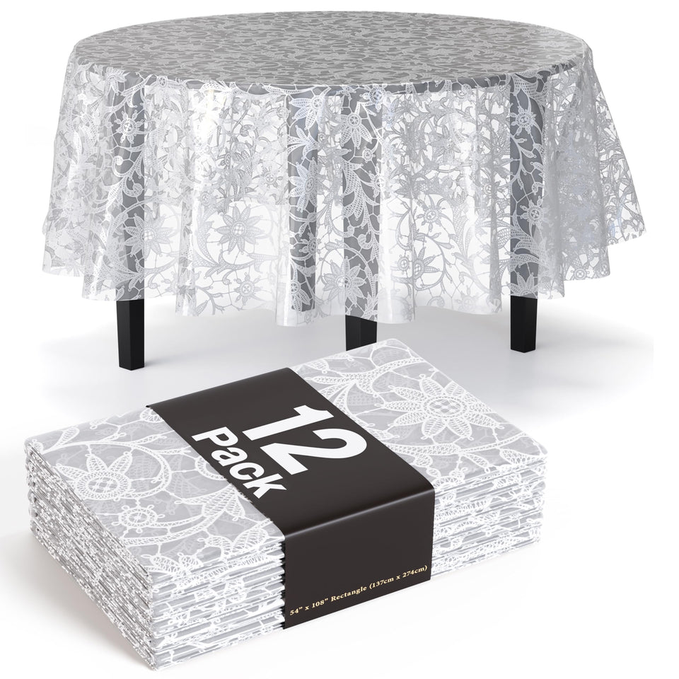 Exquisite lace round 84-inch white floral tablecloth enhances centerpieces for gatherings.