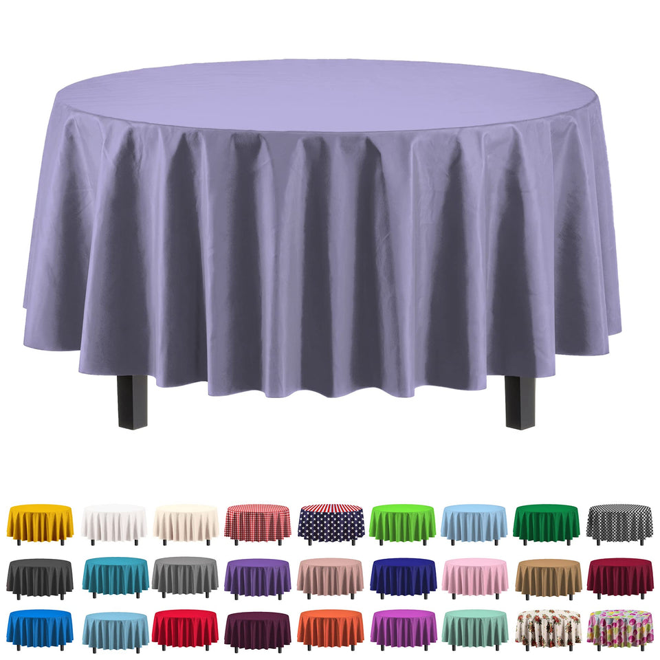 Exquisite lavender round tablecloth 84in in a 12-pack protects surfaces from spills.