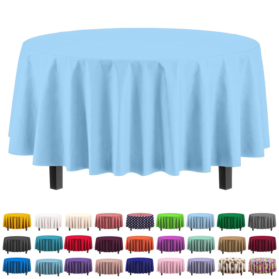 Exquisite light blue 84in round tablecloth close-up protecting surfaces.