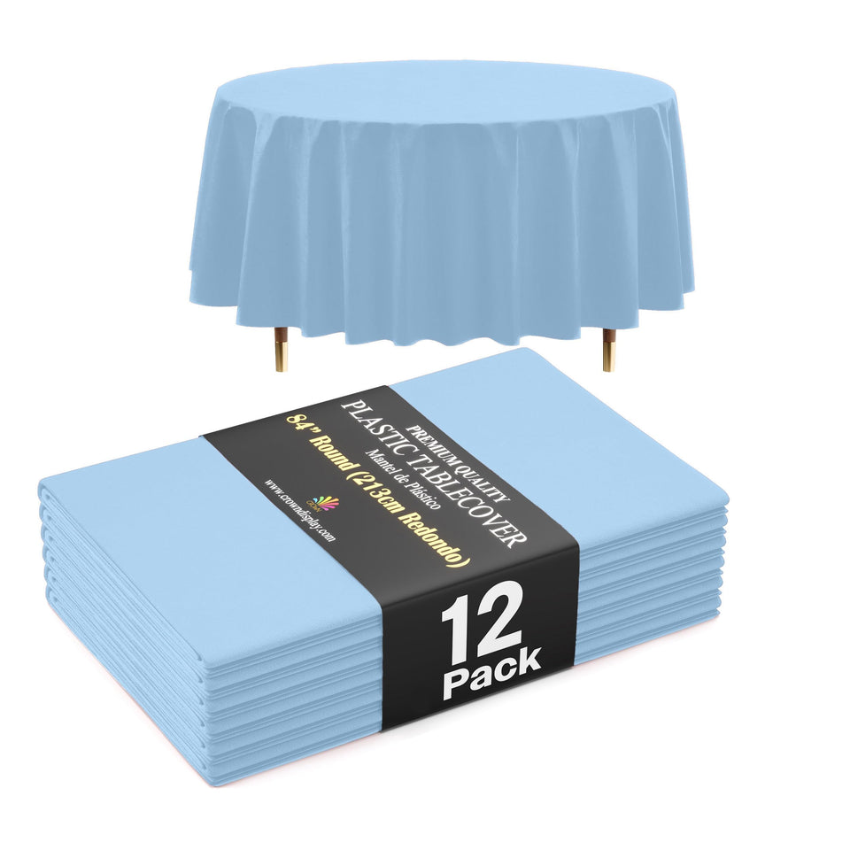 Exquisite light blue round tablecloth protects surfaces during family meals.