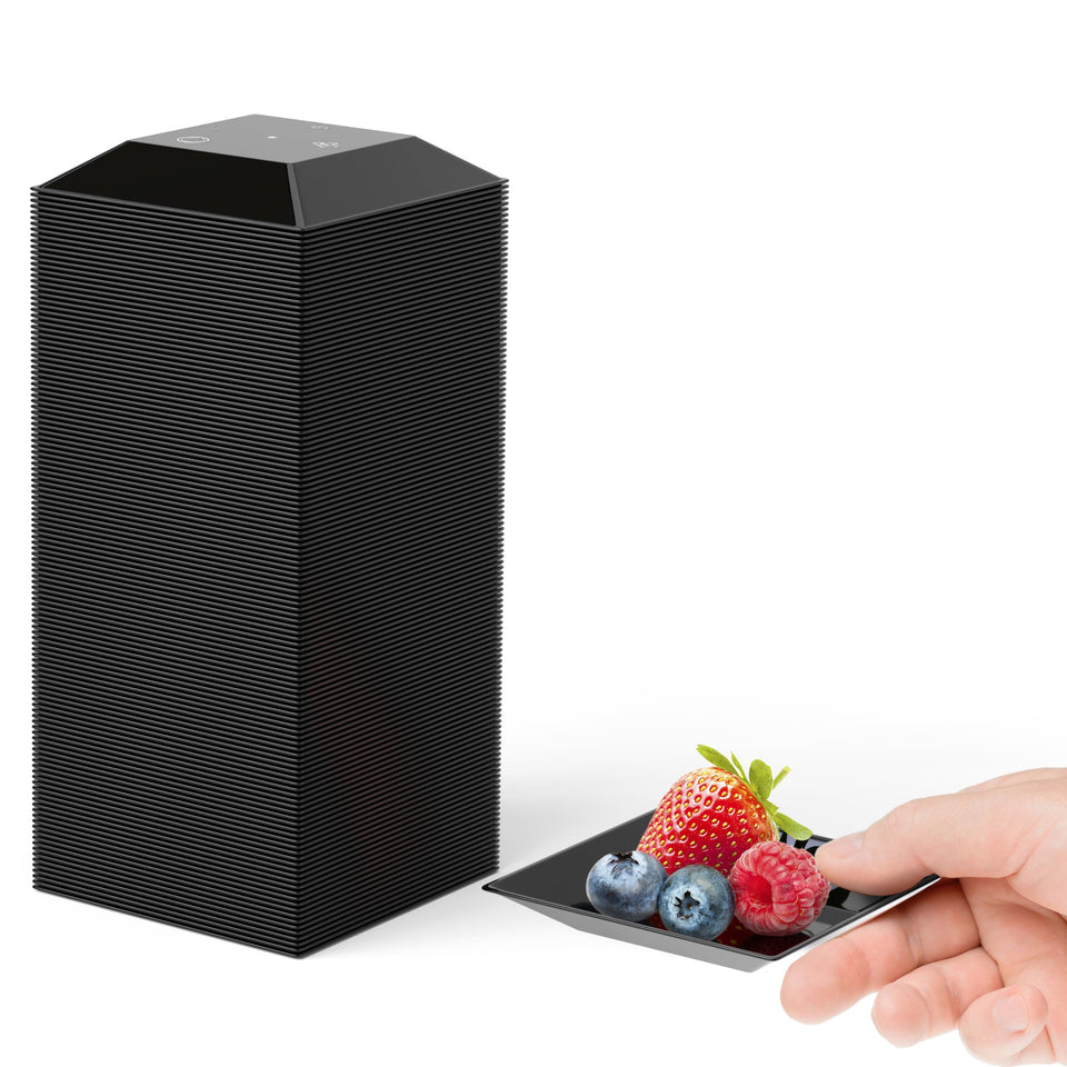Exquisite mini appetizer plates in a 100-pack, sleek black plastic for elegant events.