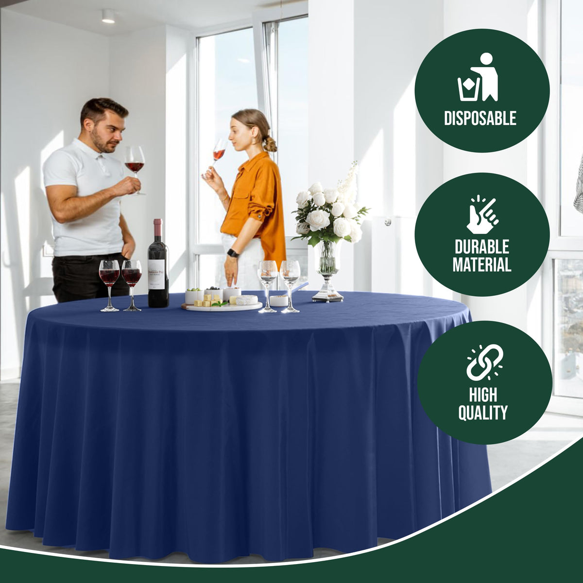 Exquisite navy 120in round tablecloth demonstrates durability and spill coverage.