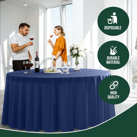 Exquisite navy 120in round tablecloth demonstrates durability and spill coverage.