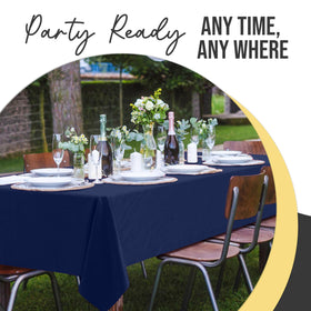 Exquisite navy blue plastic tablecloth rectangle 54x108 protects surfaces outdoors.