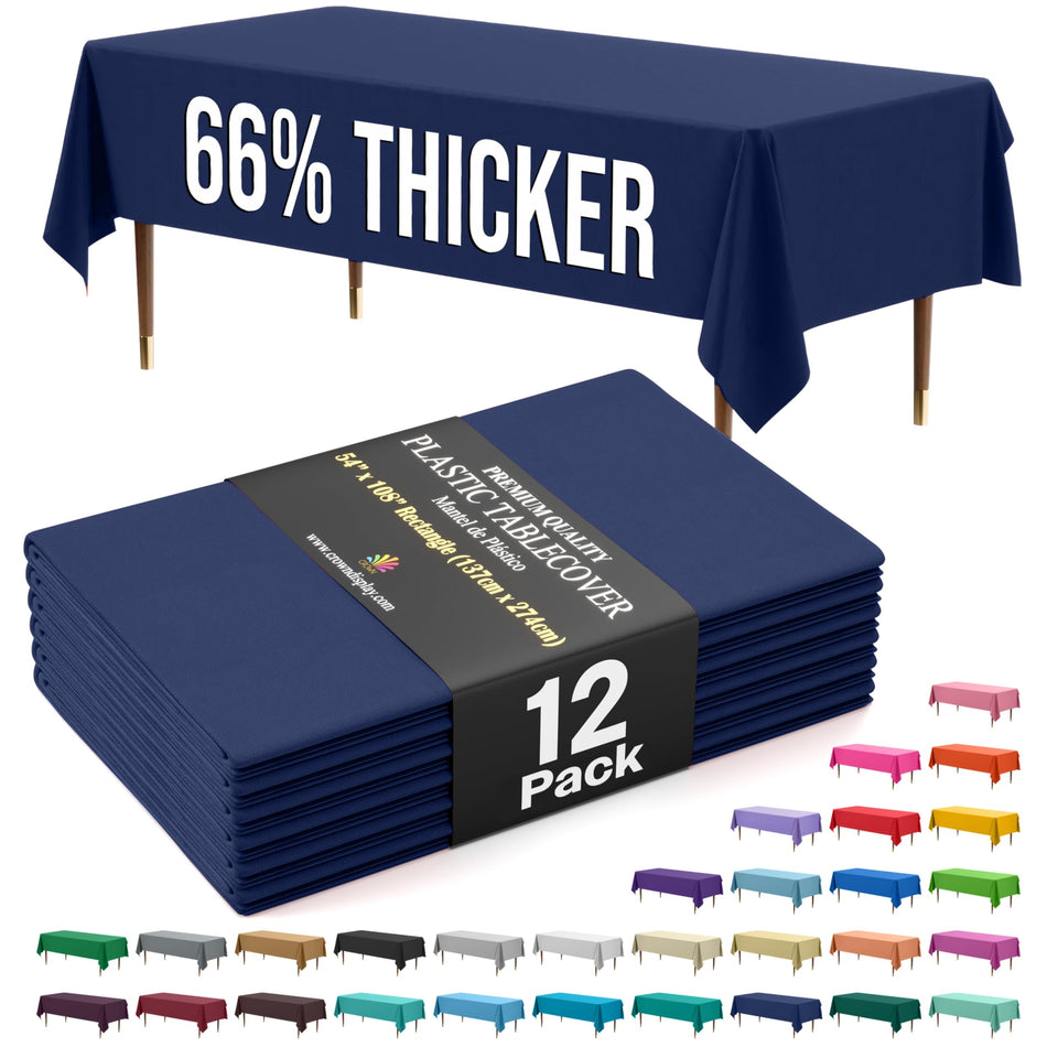Exquisite navy blue rectangle tablecloth 54x108 offers durable 0.5 mil protection for parties.