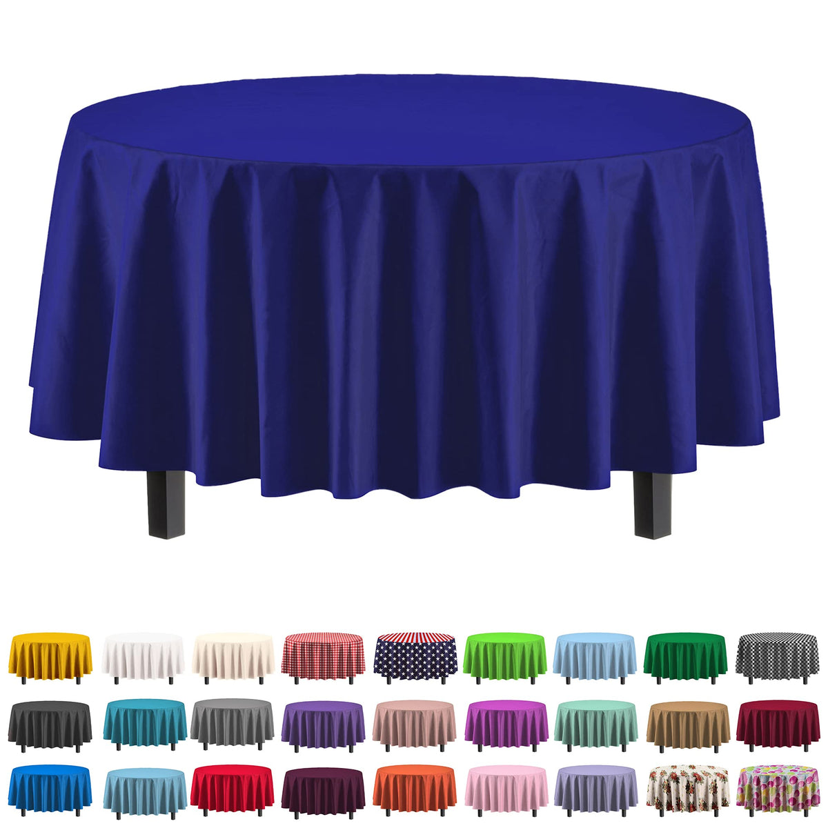 Exquisite navy blue round 84-inch tablecloth protecting a table surface during a party