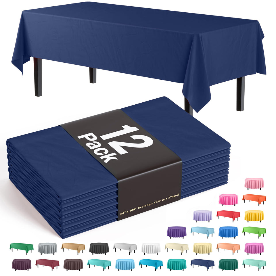 Exquisite navy blue tablecloth laid flat on a dining table for a clean, coordinated look.