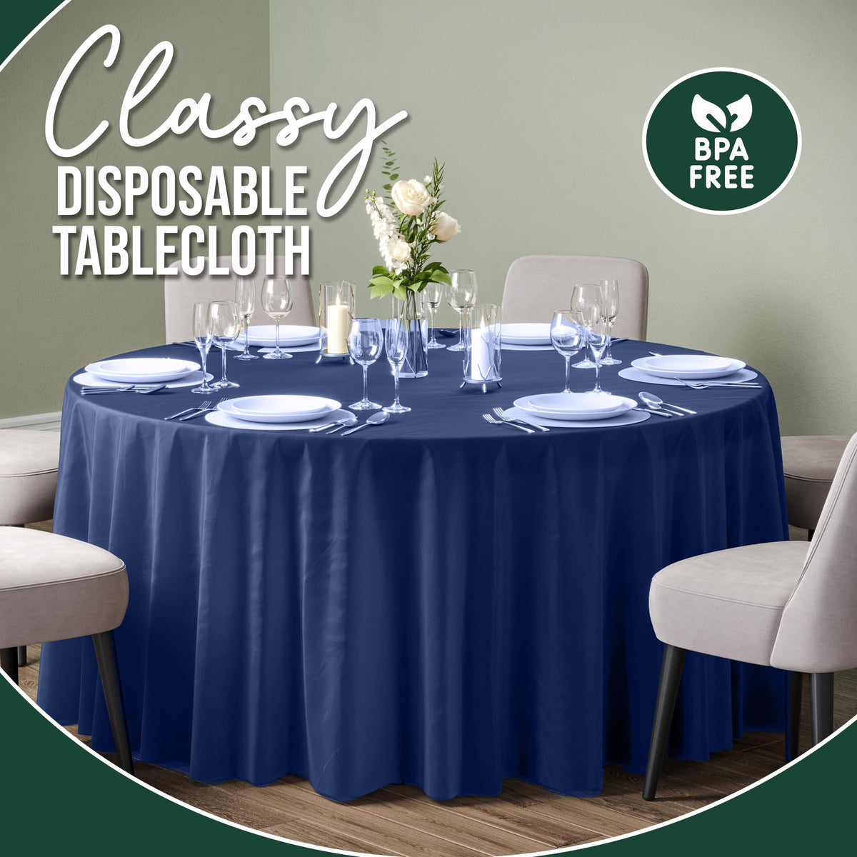 Exquisite navy tablecloth pack of 12 close-up highlights disposable convenience.