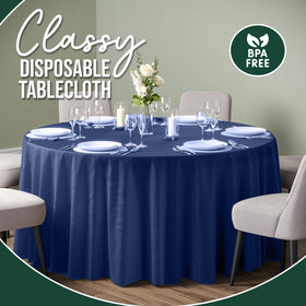 Exquisite navy tablecloth pack of 12 close-up highlights disposable convenience.