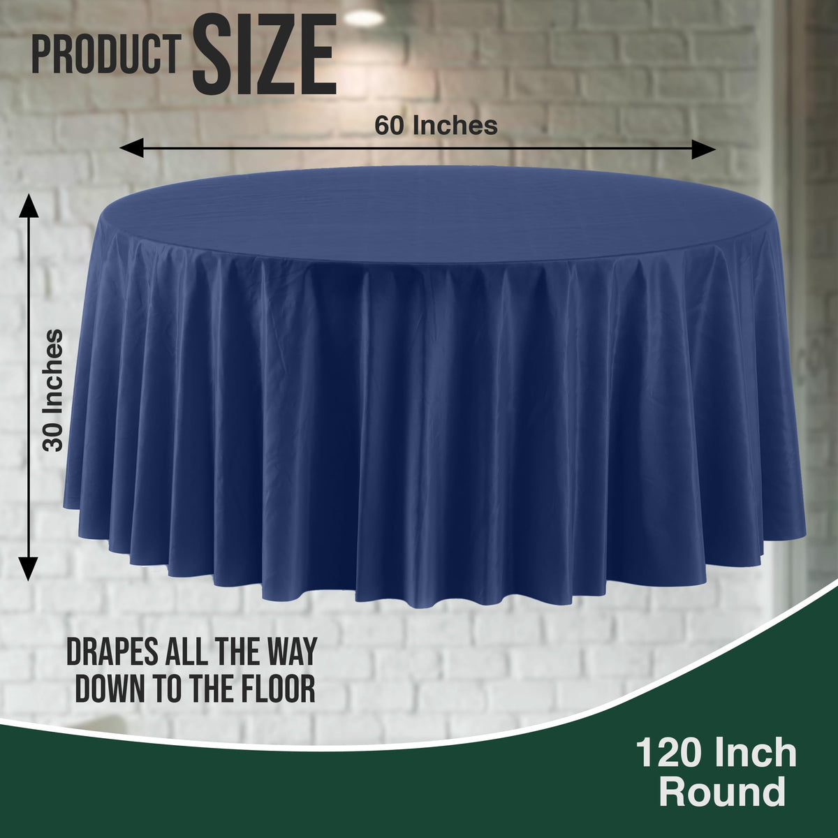 Exquisite navy round tablecloth dining setup demonstrates easy cleanup.