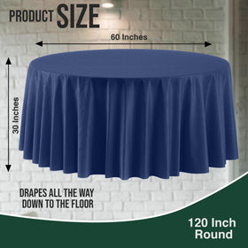 Exquisite navy round tablecloth dining setup demonstrates easy cleanup.
