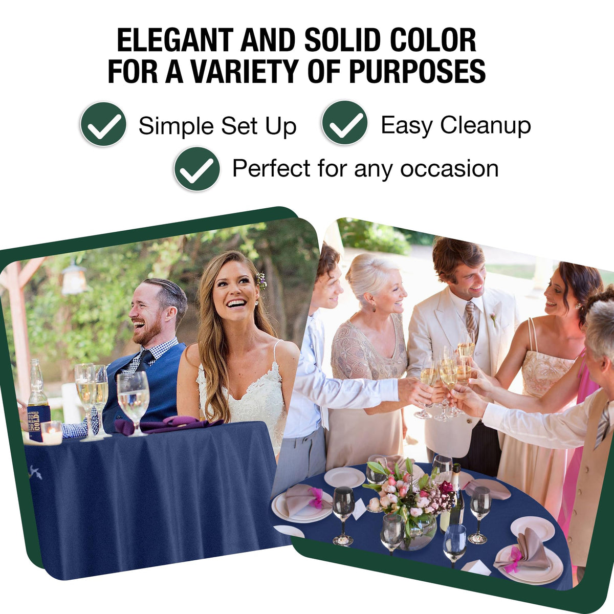 Exquisite navy tablecloth on a summer party table setup for carefree hosting.