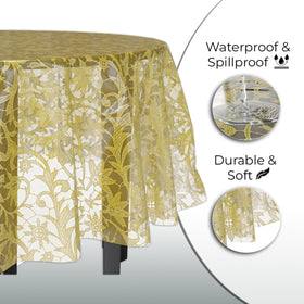 Exquisite outdoor dining lace round tablecloth on 84-inch table for celebrations.