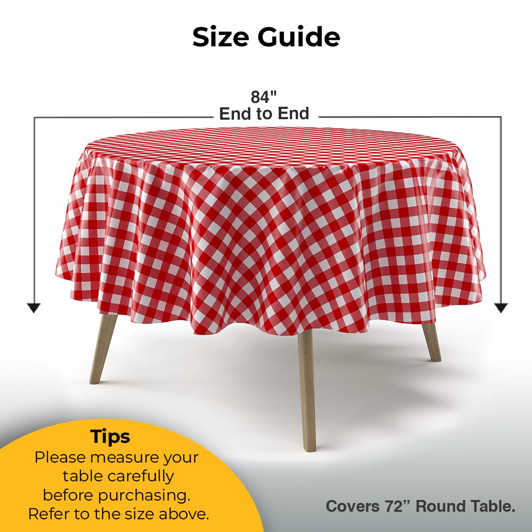 Exquisite round red gingham tablecloth on a dining setup for an outdoor meal
