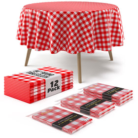 Exquisite round red gingham tablecloth protecting an outdoor table from spills