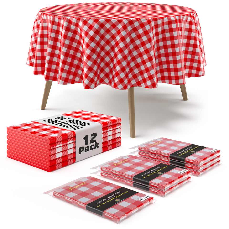Exquisite round red gingham tablecloth protecting an outdoor table from spills
