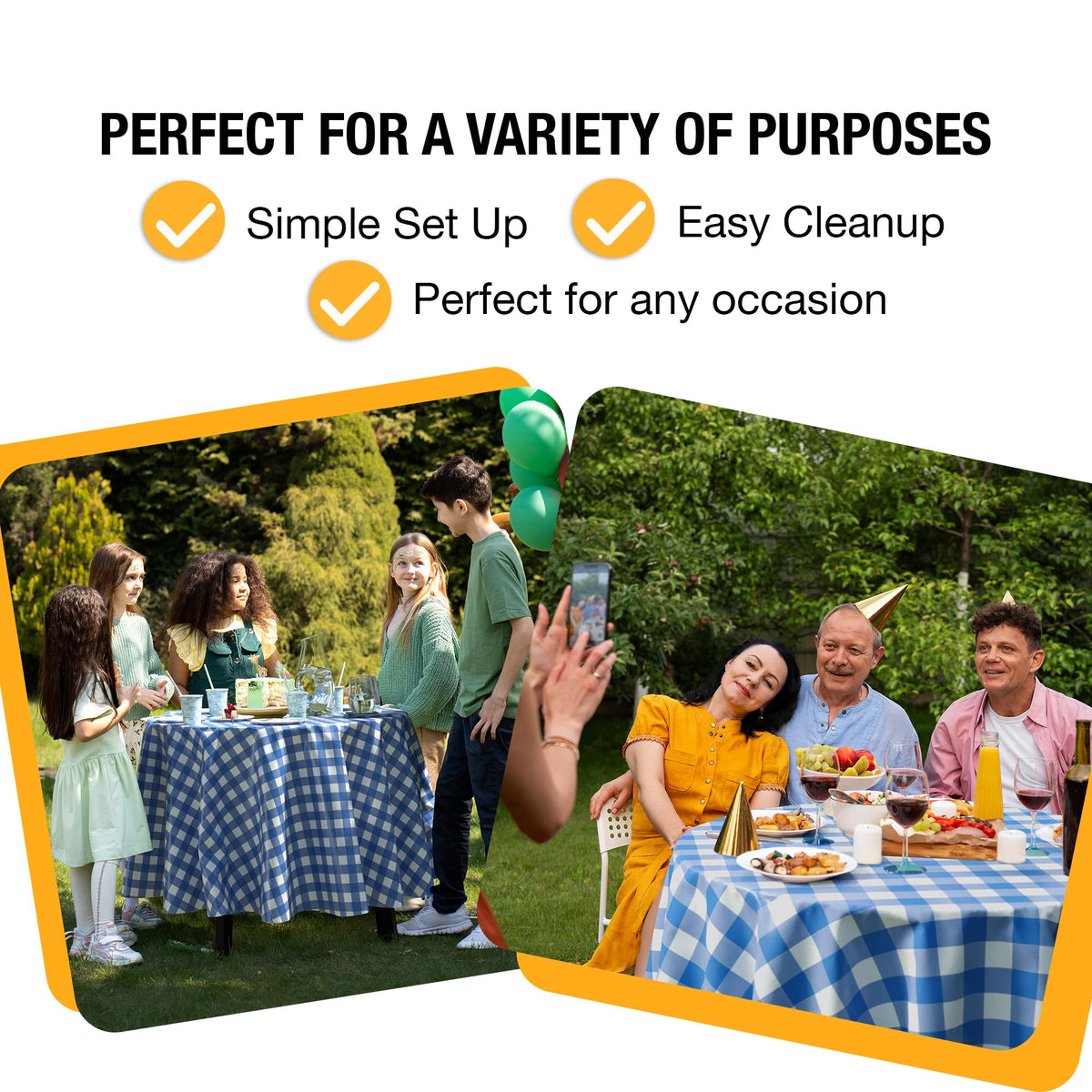 Exquisite durable plastic round table cover withstands festive gatherings.