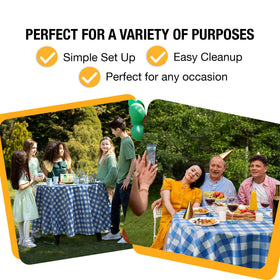 Exquisite durable plastic round table cover withstands festive gatherings.