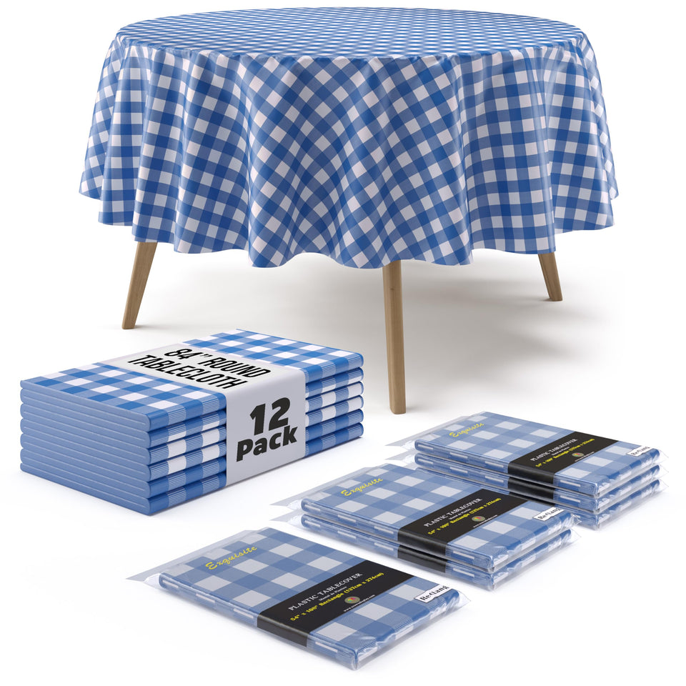 Exquisite round dark blue gingham table cover protects outdoor tables from spills.