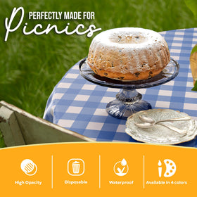 Exquisite premium plastic round table cover supports both round and rectangular tables.