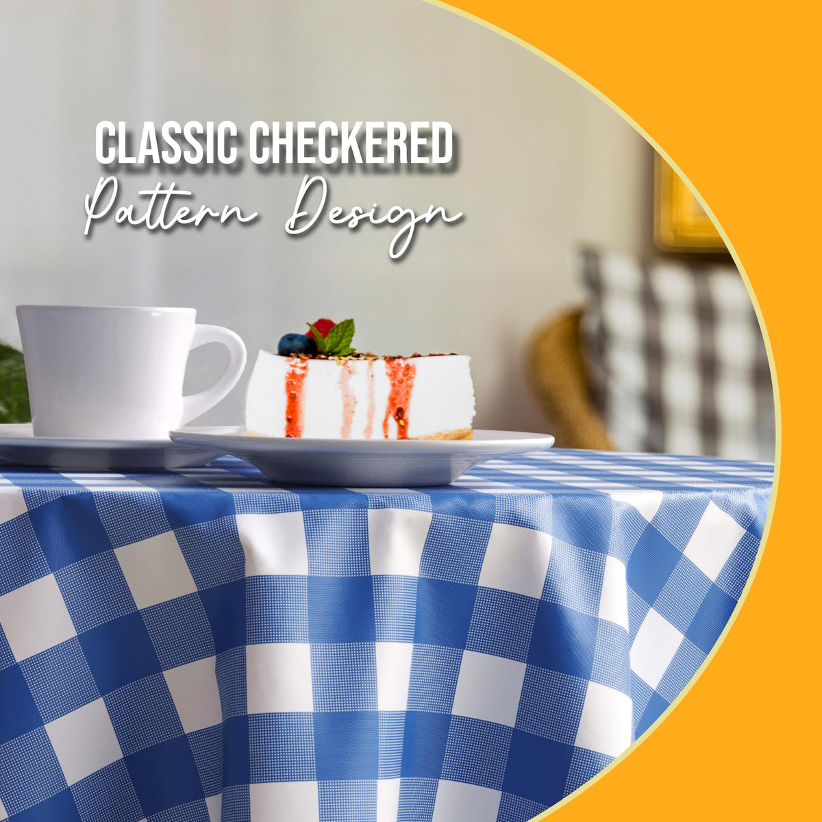 Exquisite dark blue gingham round tablecloth offers high opacity for clean setup.
