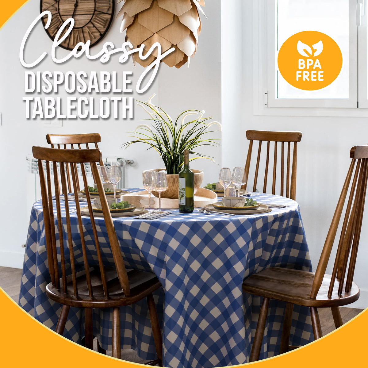 Exquisite 84-inch round gingham cover enhances party decor.