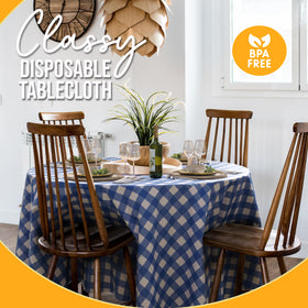 Exquisite 84-inch round gingham cover enhances party decor.