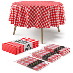 Exquisite round 84-inch red gingham table cover on a picnic table for outdoor meals.