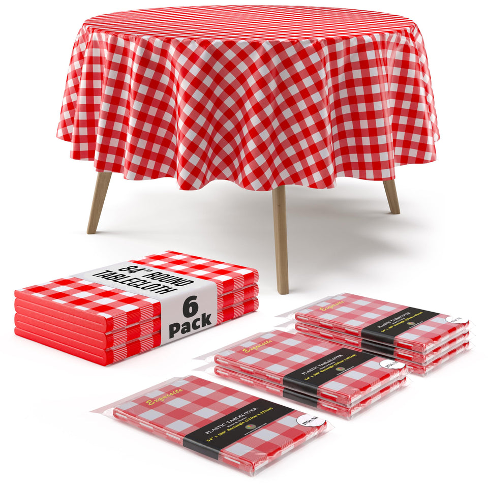 Exquisite round 84-inch red gingham table cover on a picnic table for outdoor meals.