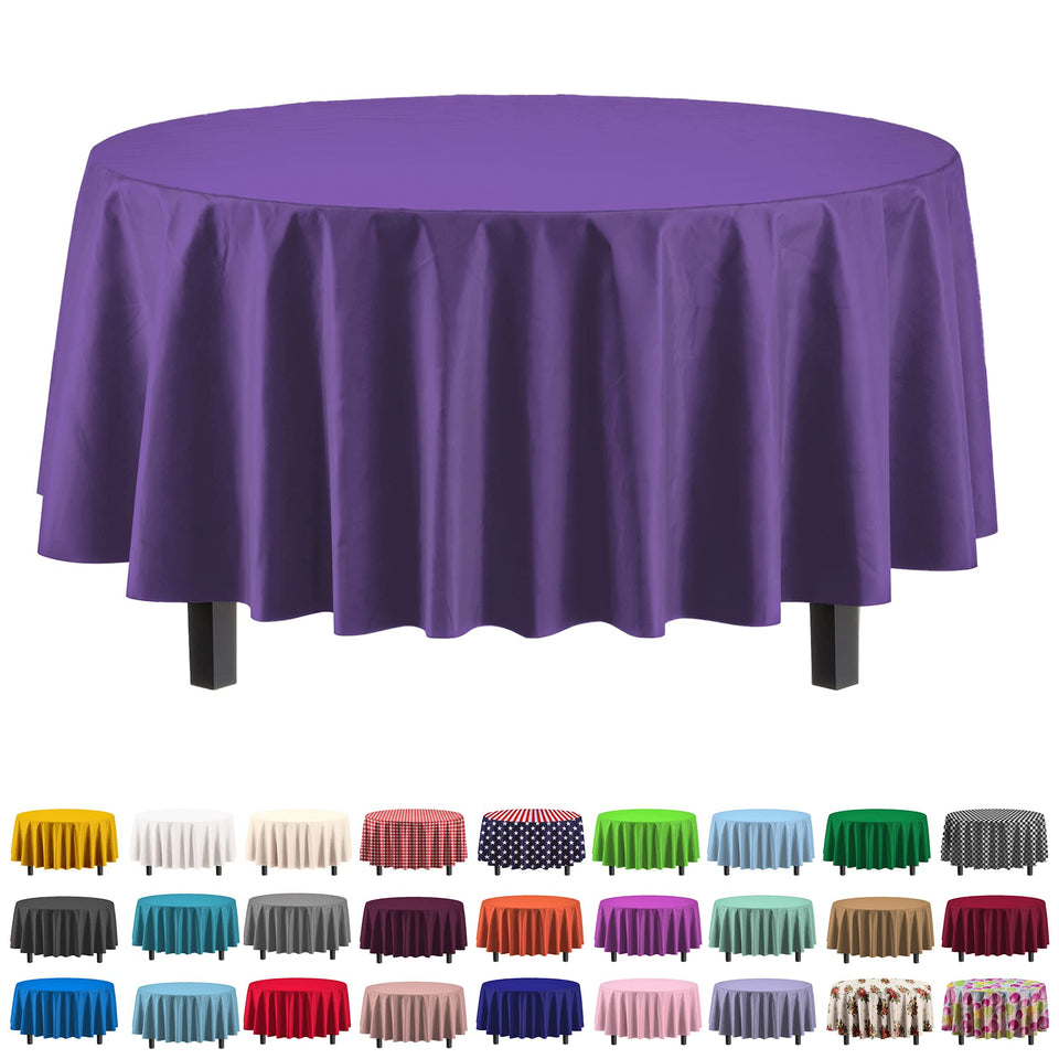 Exquisite purple round tablecloth 84-inch top view highlights vibrant color and clean coverage.