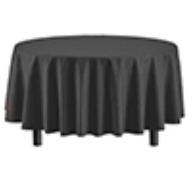 Exquisite round black tablecloth on dining setup enhances decor and cleanliness.