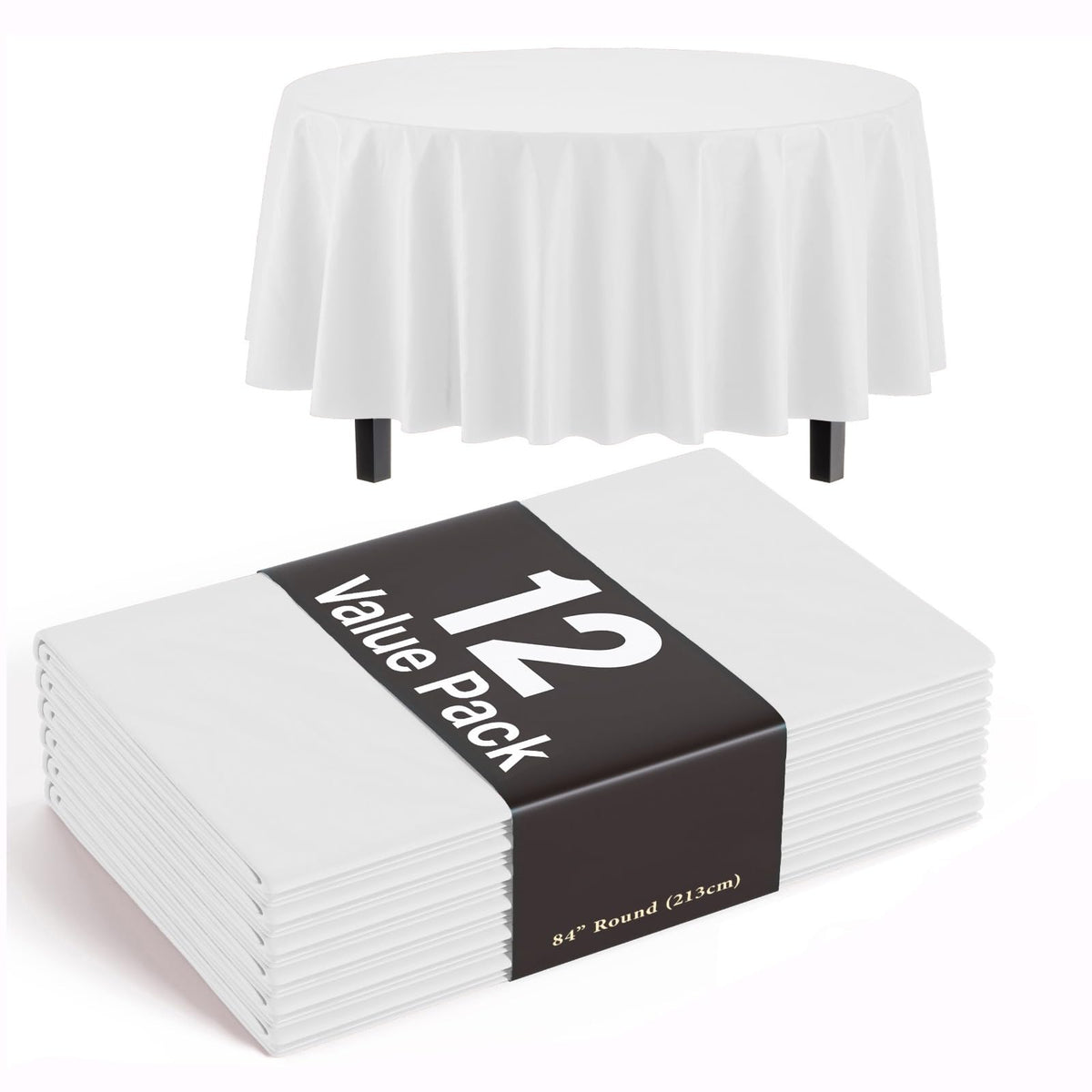 Exquisite 84-inch round white tablecloth covers a table with a refined finish.