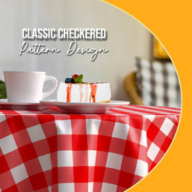 Exquisite red gingham round tablecloth showing spillproof surface during a meal