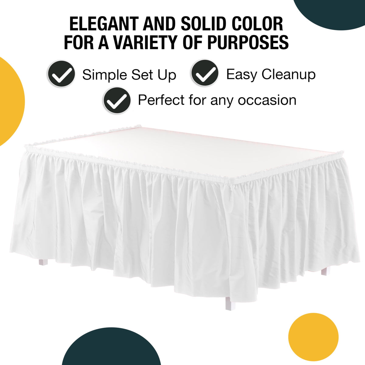 Exquisite ruffle table skirt demonstrating adhesive strip for quick setup on rectangular and round tables