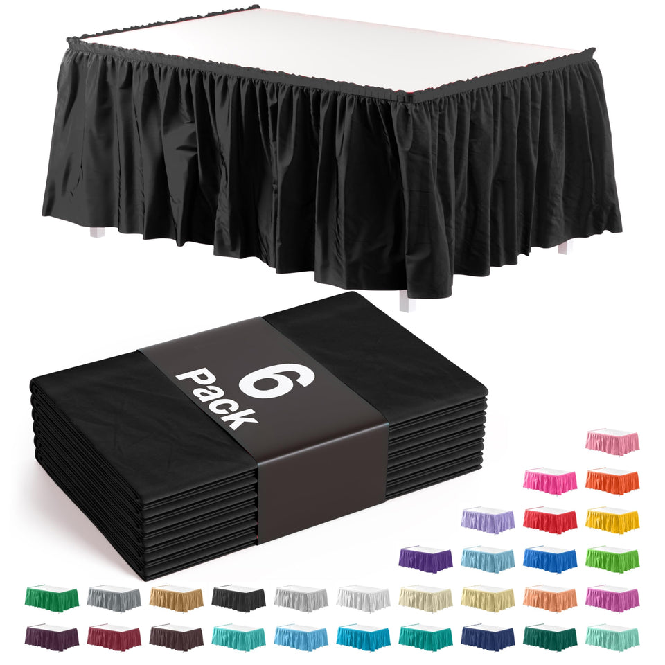 Exquisite black ruffle table skirt draped over a long table for elegant coverage
