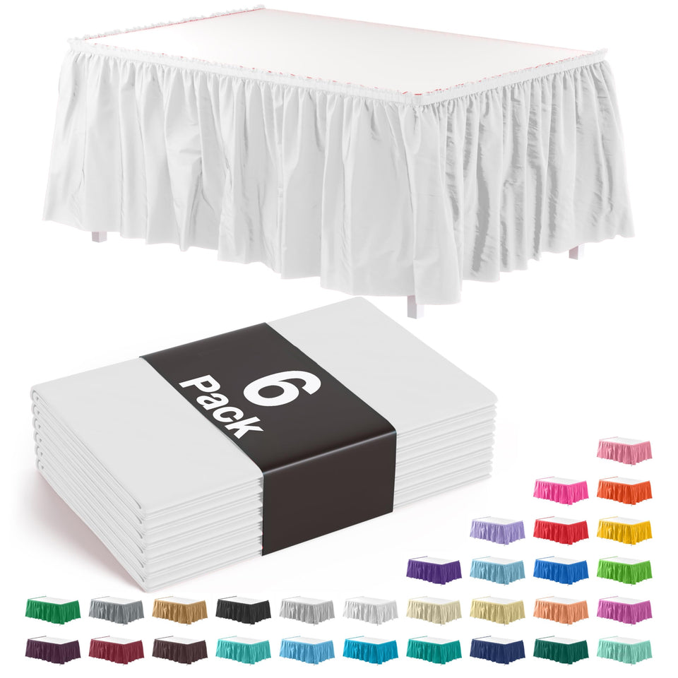 Exquisite white ruffle table skirt pack 6 covering a long banquet table for elegant events