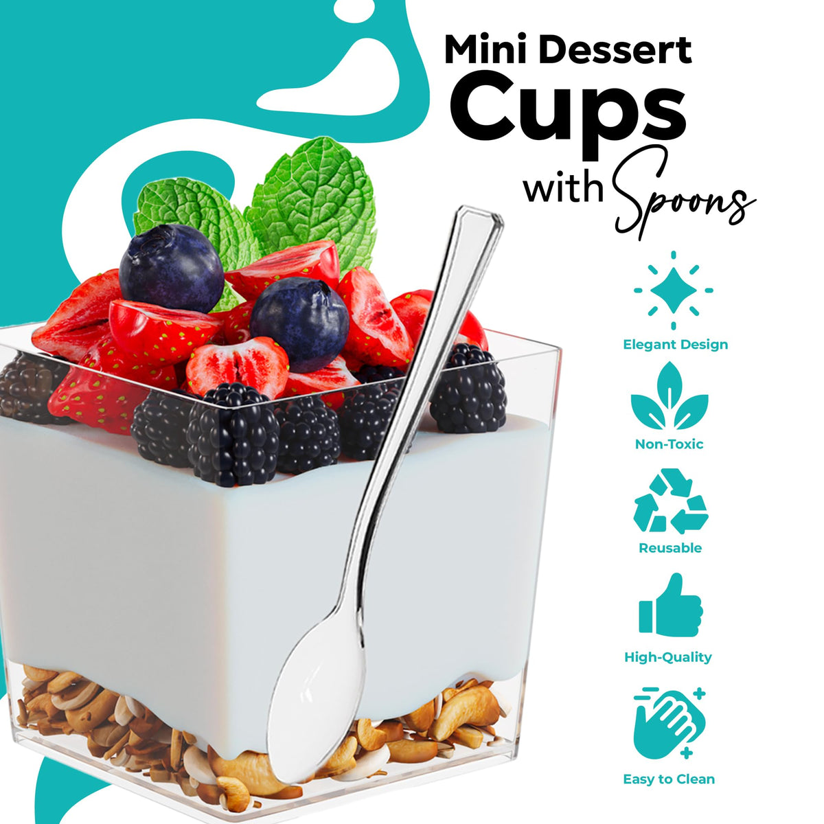 Exquisite square dessert cups on wedding tables add a touch of sophistication.