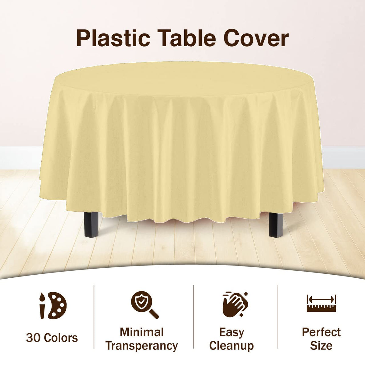 Exquisite table setup with light yellow plastic tablecloth on a round table.