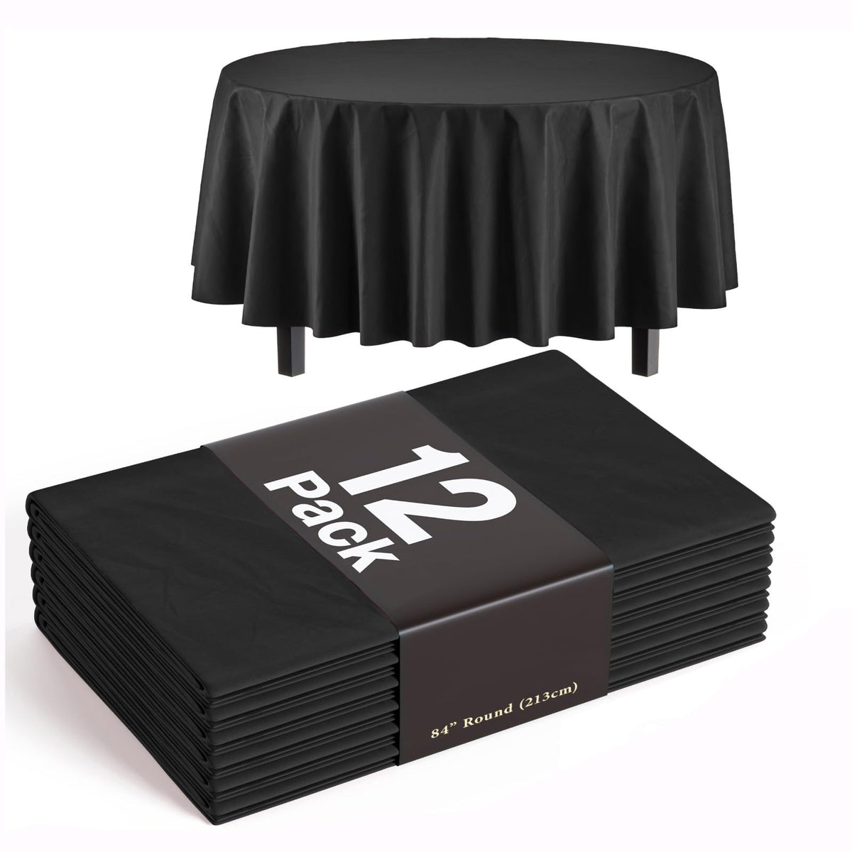 Exquisite 84-inch round black tablecloth laid flat for spill protection.