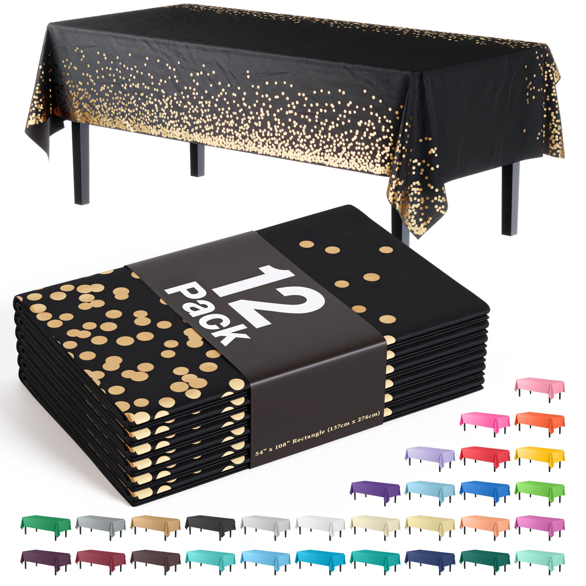 Exquisite tablecloth in black with gold dots protecting an 8-foot table.
