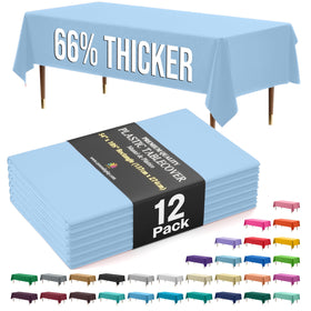 Exquisite light-blue tablecloth covers a 54-by-108-inch rectangle for mess-free events.