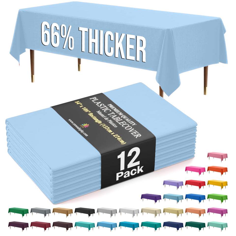 Exquisite light-blue tablecloth covers a 54-by-108-inch rectangle for mess-free events.