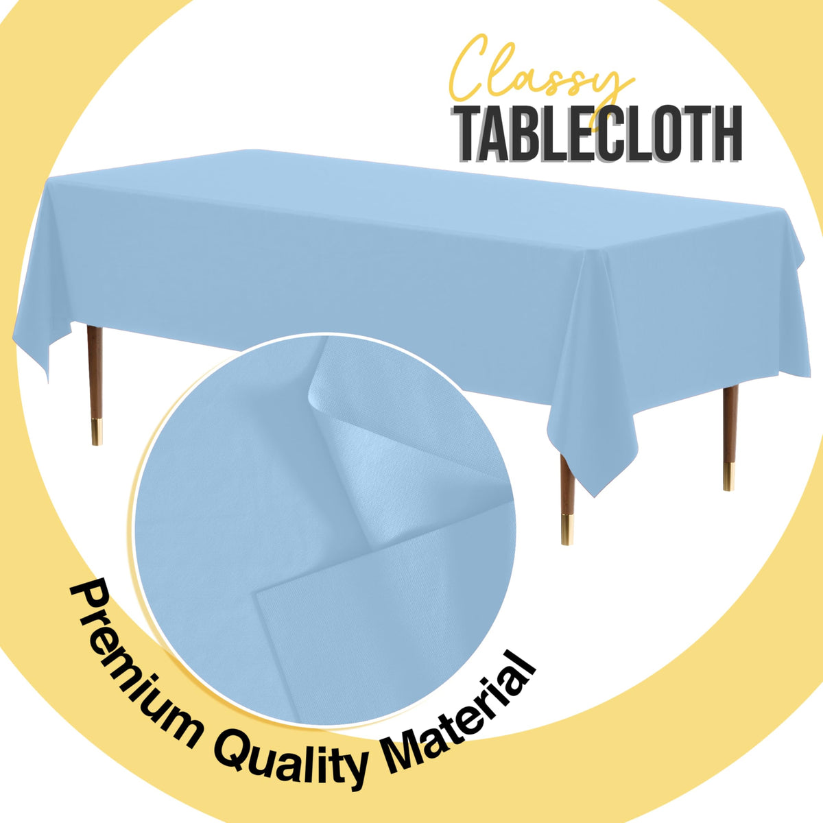 Exquisite light-blue tablecloth designed for six-foot and eight-foot banquet tables.