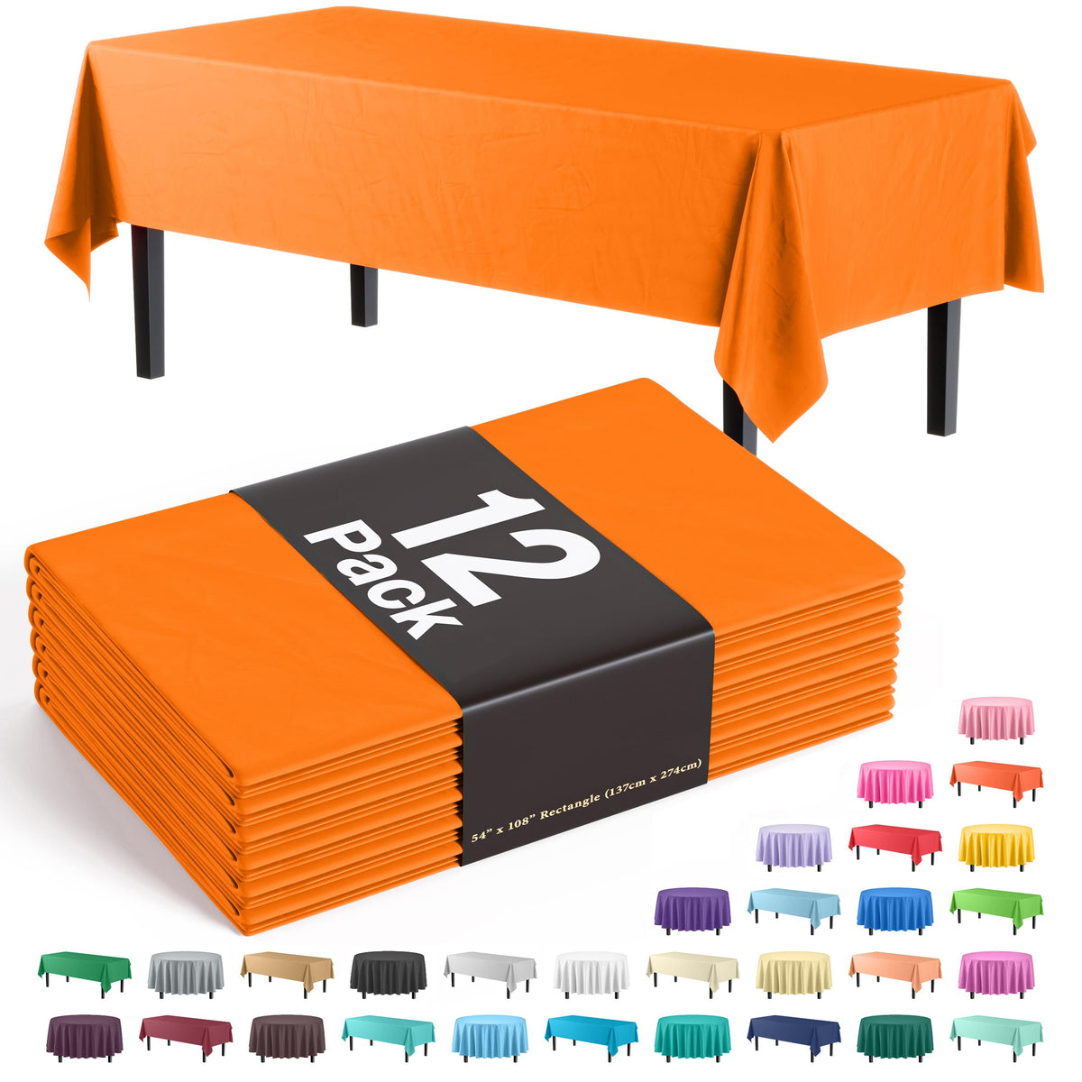 Exquisite orange 54x108 rectangle tablecloth, 12-pack, ideal for spill-prone events.