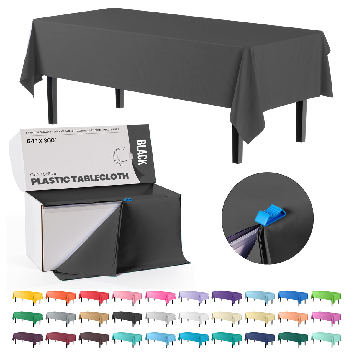 Exquisite table cover roll in a box with slide cutter for quick cuts.